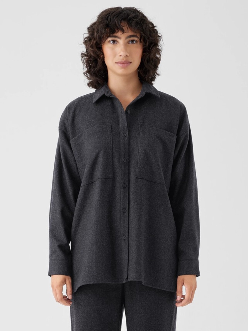 Eileen Fisher Soft Wool Flannel Classic Collar Shirt 100% wool Charcoal Size XXS